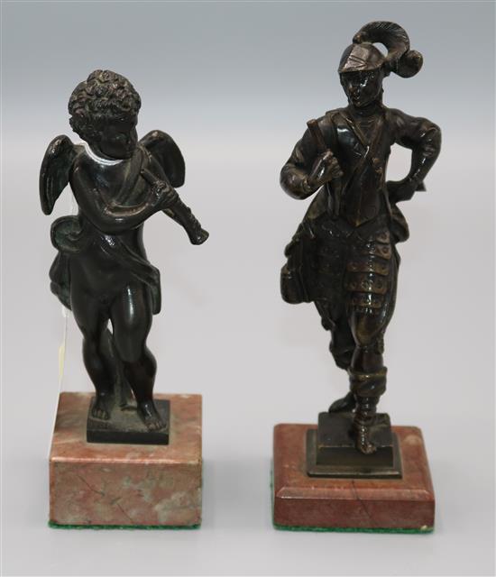 French small bronze figure of a 17C chevalier and a bronze figure of a cherub, rouge marbles bases